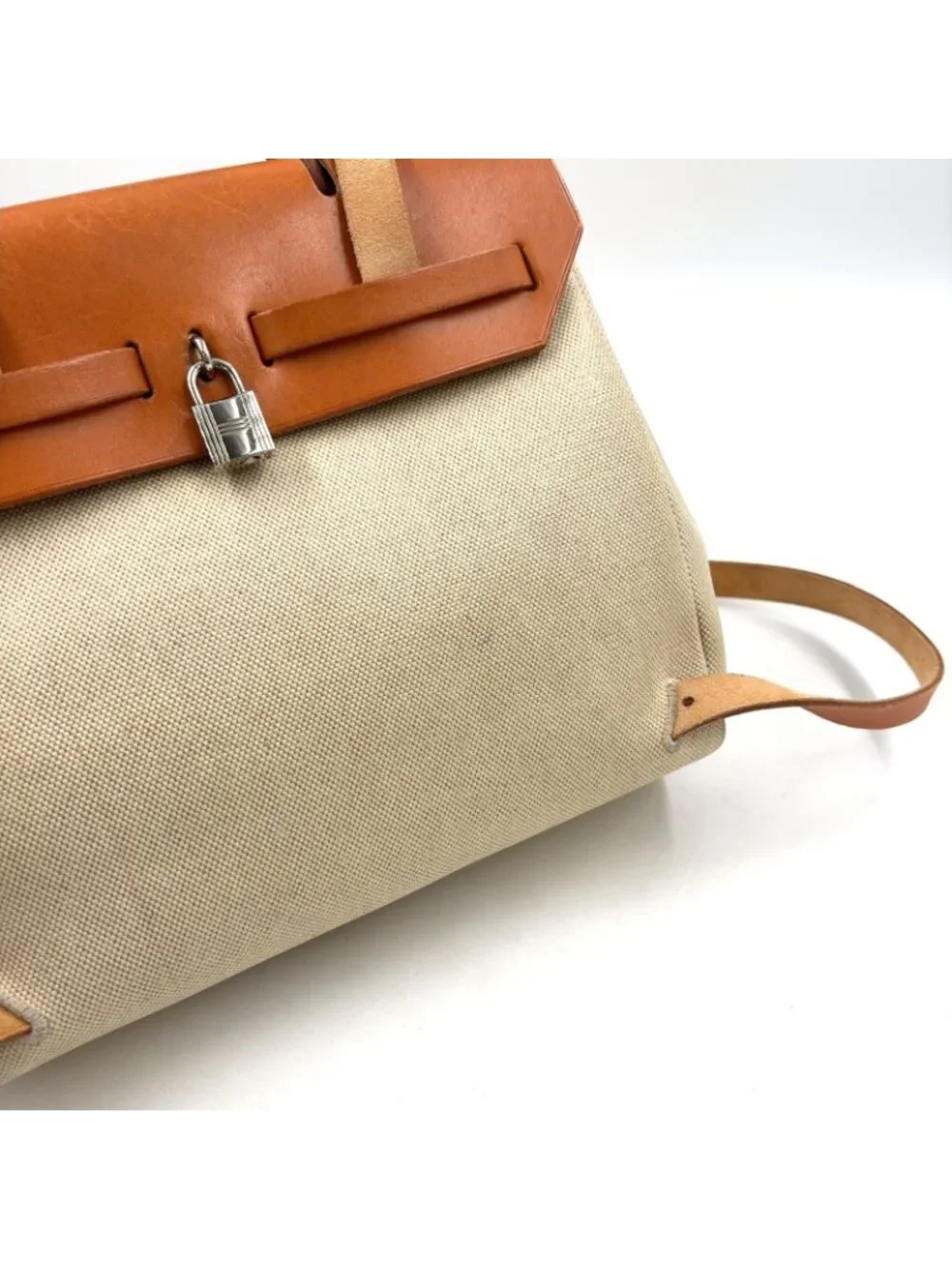 Hermes Herbag a Dos PM Handbag Leather Canvas Beige Light Brown Backpack Silver